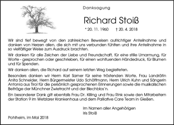Traueranzeige von Richard Stoiß von  Gießener Anzeiger