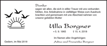 Traueranzeige von Ulla Borgner von  Kreisanzeiger
