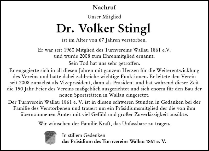 Traueranzeige für Volker Stingl vom 11.05.2018 aus Trauerportal Rhein Main Presse