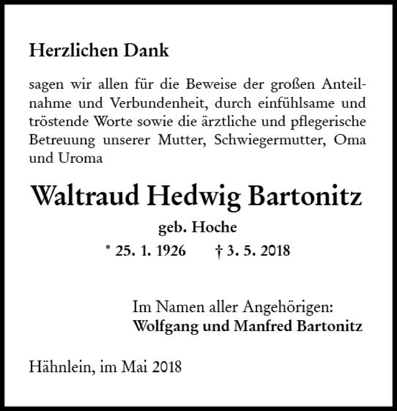  Traueranzeige für Waltraud Hedwig Bartonitz vom 26.05.2018 aus Trauerportal Rhein Main Presse