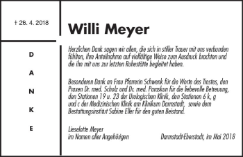 Traueranzeige von Willi Meyer von Trauerportal Rhein Main Presse