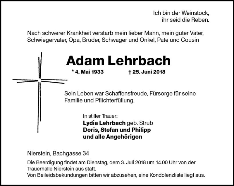  Traueranzeige für Adam Lehrbach vom 30.06.2018 aus Trauerportal Rhein Main Presse