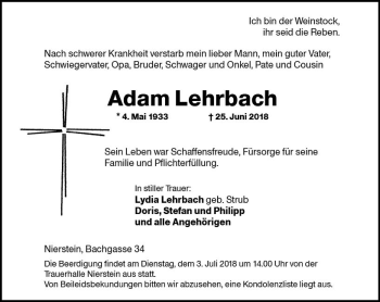 Traueranzeige von Adam Lehrbach von Trauerportal Rhein Main Presse