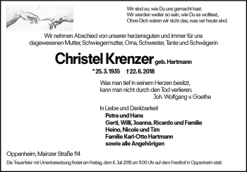 Traueranzeige von Christel Krenzer von Trauerportal Rhein Main Presse