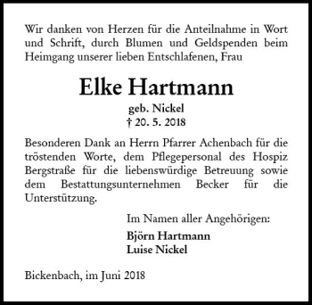 Traueranzeige von Elke Hartmann von Trauerportal Rhein Main Presse