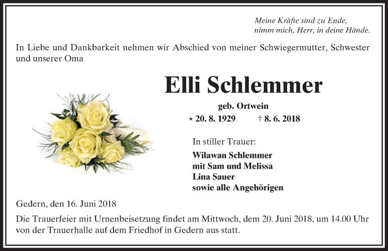  Traueranzeige für Elli Schlemmer vom 16.06.2018 aus  Kreisanzeiger