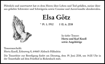 Traueranzeige von Elsa Götz von Trauerportal Rhein Main Presse