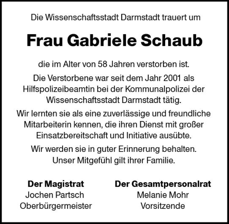  Traueranzeige für Gabriele Schaub vom 30.06.2018 aus Trauerportal Rhein Main Presse