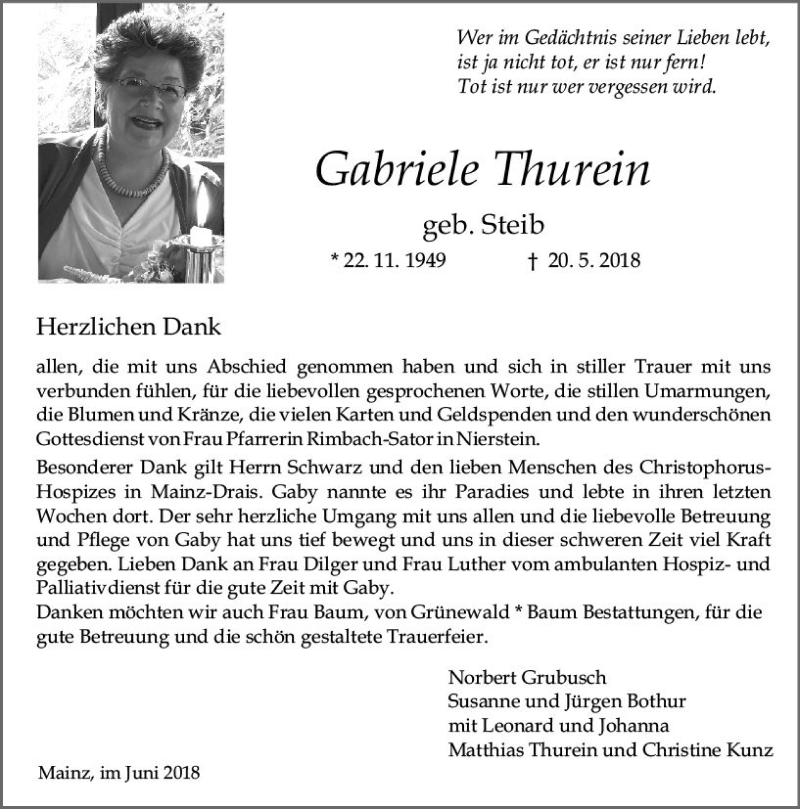  Traueranzeige für Gabriele Thurein vom 30.06.2018 aus Trauerportal Rhein Main Presse