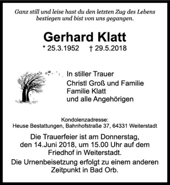 Traueranzeige von Gerhard Klatt von Trauerportal Rhein Main Presse