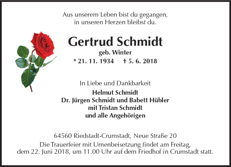  Traueranzeige für Gertrud Schmidt vom 20.06.2018 aus Trauerportal Rhein Main Presse