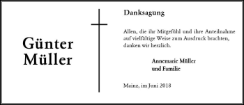 Traueranzeige von Günter Müller von Trauerportal Rhein Main Presse