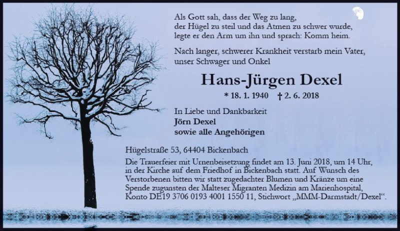  Traueranzeige für Hans-Jürgen Dexel vom 09.06.2018 aus Trauerportal Rhein Main Presse