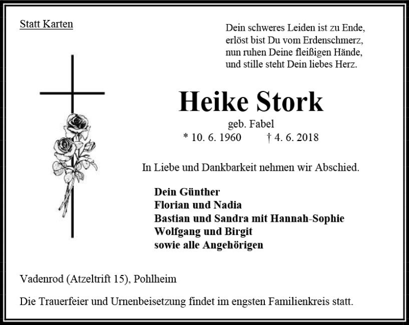  Traueranzeige für Heike Stork vom 09.06.2018 aus VRM Trauer