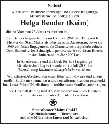 Traueranzeige von Helga Bender von Trauerportal Rhein Main Presse