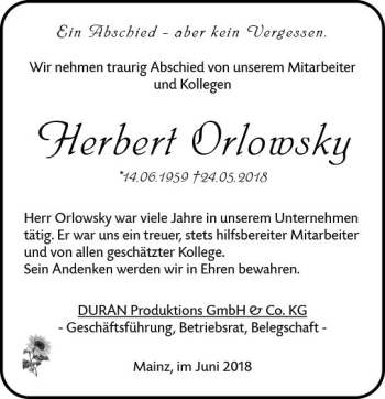 Traueranzeige von Herbert Orlowsky von Trauerportal Rhein Main Presse