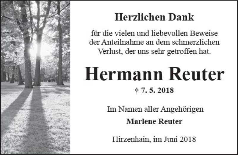  Traueranzeige für Hermann Reuter vom 09.06.2018 aus  Kreisanzeiger