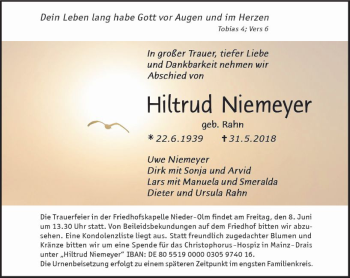 Traueranzeige von Hiltrud Niemeyer von Trauerportal Rhein Main Presse