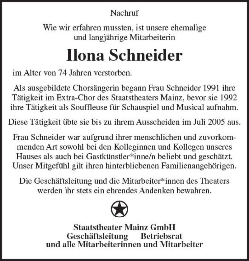  Traueranzeige für Ilona Schneider vom 30.06.2018 aus Trauerportal Rhein Main Presse