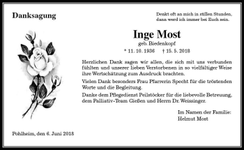 Traueranzeige von Inge Most von  Gießener Anzeiger