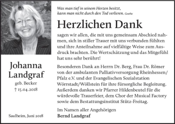 Traueranzeige von Johanna Landgraf von Trauerportal Rhein Main Presse