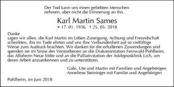 Traueranzeige von Karl Martin Sames von  Gießener Anzeiger