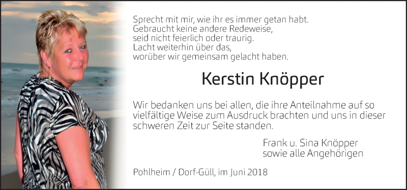  Traueranzeige für Kerstin Knöpper vom 16.06.2018 aus  Gießener Anzeiger