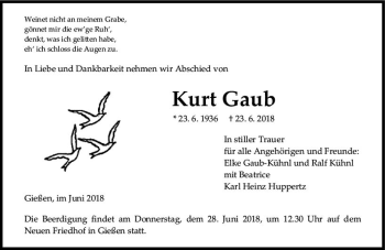Traueranzeige von Kurt Gaub von  Gießener Anzeiger