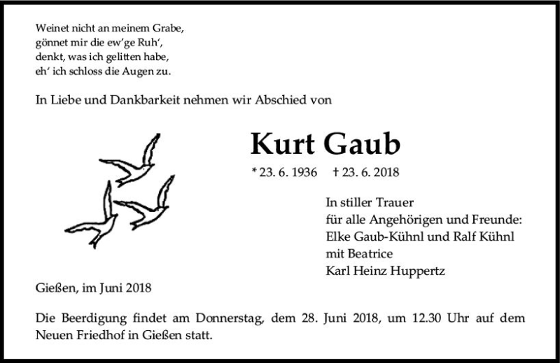  Traueranzeige für Kurt Gaub vom 25.06.2018 aus  Gießener Anzeiger
