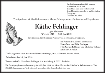 Traueranzeige von Käthe Fehlinger von Trauerportal Rhein Main Presse