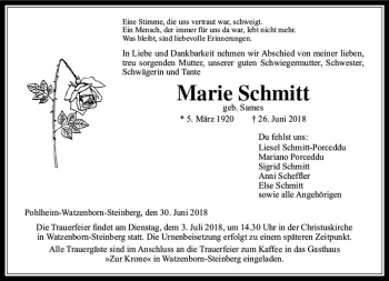 Traueranzeige von Marie Schmitt von  Gießener Anzeiger