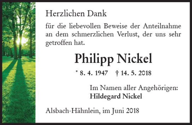  Traueranzeige für Philipp Nickel vom 23.06.2018 aus Trauerportal Rhein Main Presse