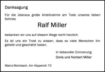 Traueranzeige von Ralf Miller von Trauerportal Rhein Main Presse