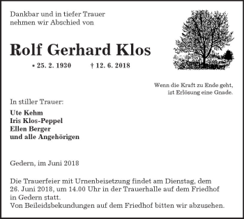 Traueranzeige von Rolf Gerhard Klos von  Kreisanzeiger