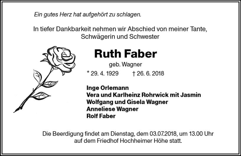  Traueranzeige für Ruth Faber vom 30.06.2018 aus Trauerportal Rhein Main Presse