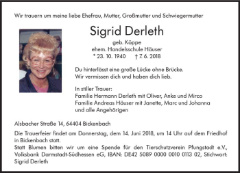 Traueranzeige von Sigrid Derleth von Trauerportal Rhein Main Presse