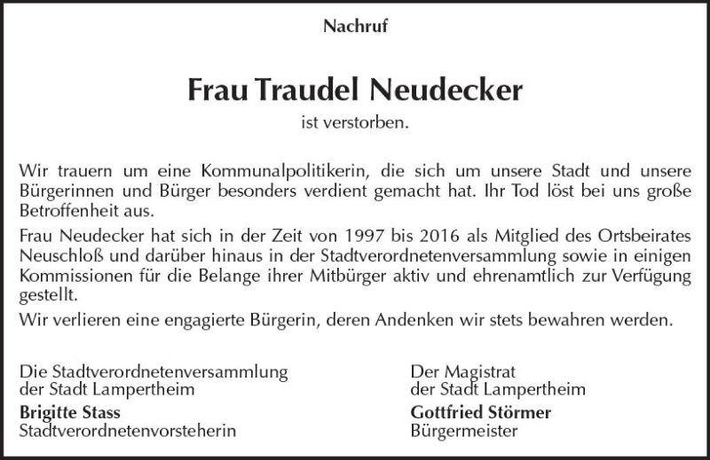  Traueranzeige für Traudel Neudecker vom 20.06.2018 aus Trauerportal Rhein Main Presse