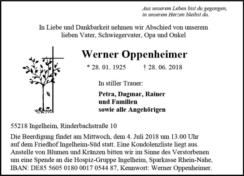  Traueranzeige für Werner Oppenheimer vom 30.06.2018 aus Trauerportal Rhein Main Presse