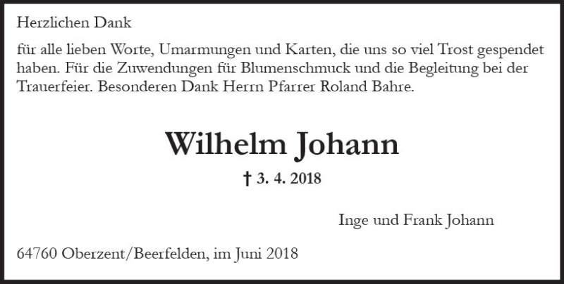  Traueranzeige für Wilhelm Johann vom 16.06.2018 aus Trauerportal Rhein Main Presse