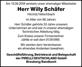 Traueranzeige von Willy Schäfer von Trauerportal Rhein Main Presse