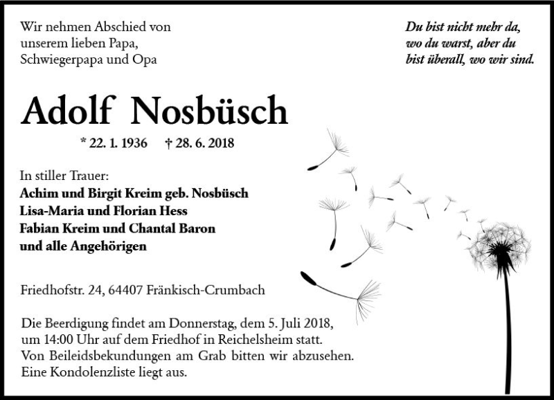  Traueranzeige für Adolf Nosbüsch vom 03.07.2018 aus Trauerportal Rhein Main Presse