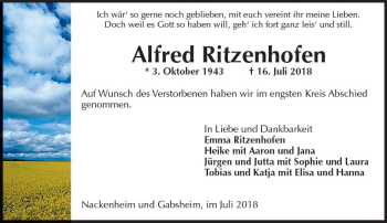 Traueranzeige von Alfred Ritzenhofen von vrm-trauer