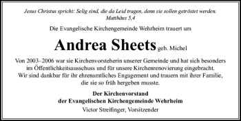Traueranzeige von Andrea Sheets von  Usinger Anzeiger