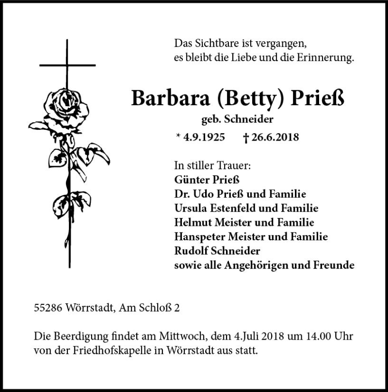  Traueranzeige für Barbara Betty Prieß vom 02.07.2018 aus Trauerportal Rhein Main Presse