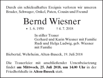 Traueranzeige von Bernd Wiesner von  Gießener Anzeiger
