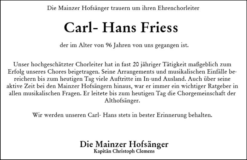  Traueranzeige für Carl-Hans Friess vom 26.07.2018 aus vrm-trauer