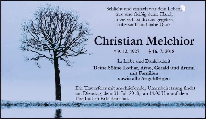  Traueranzeige für Christian Melchior vom 28.07.2018 aus vrm-trauer