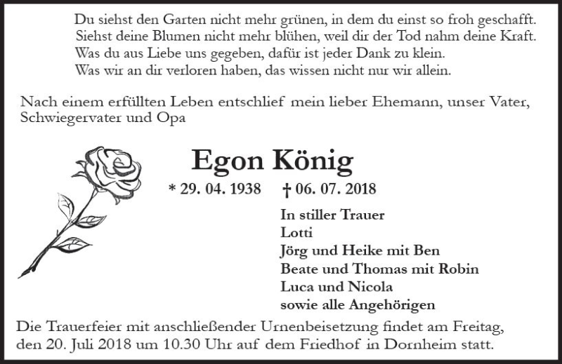  Traueranzeige für Egon König vom 14.07.2018 aus vrm-trauer