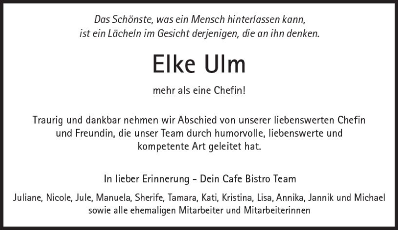  Traueranzeige für Elke Ulm vom 14.07.2018 aus  Kreisanzeiger