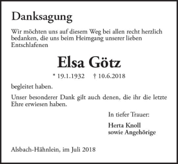 Traueranzeige von Elsa Götz von vrm-trauer